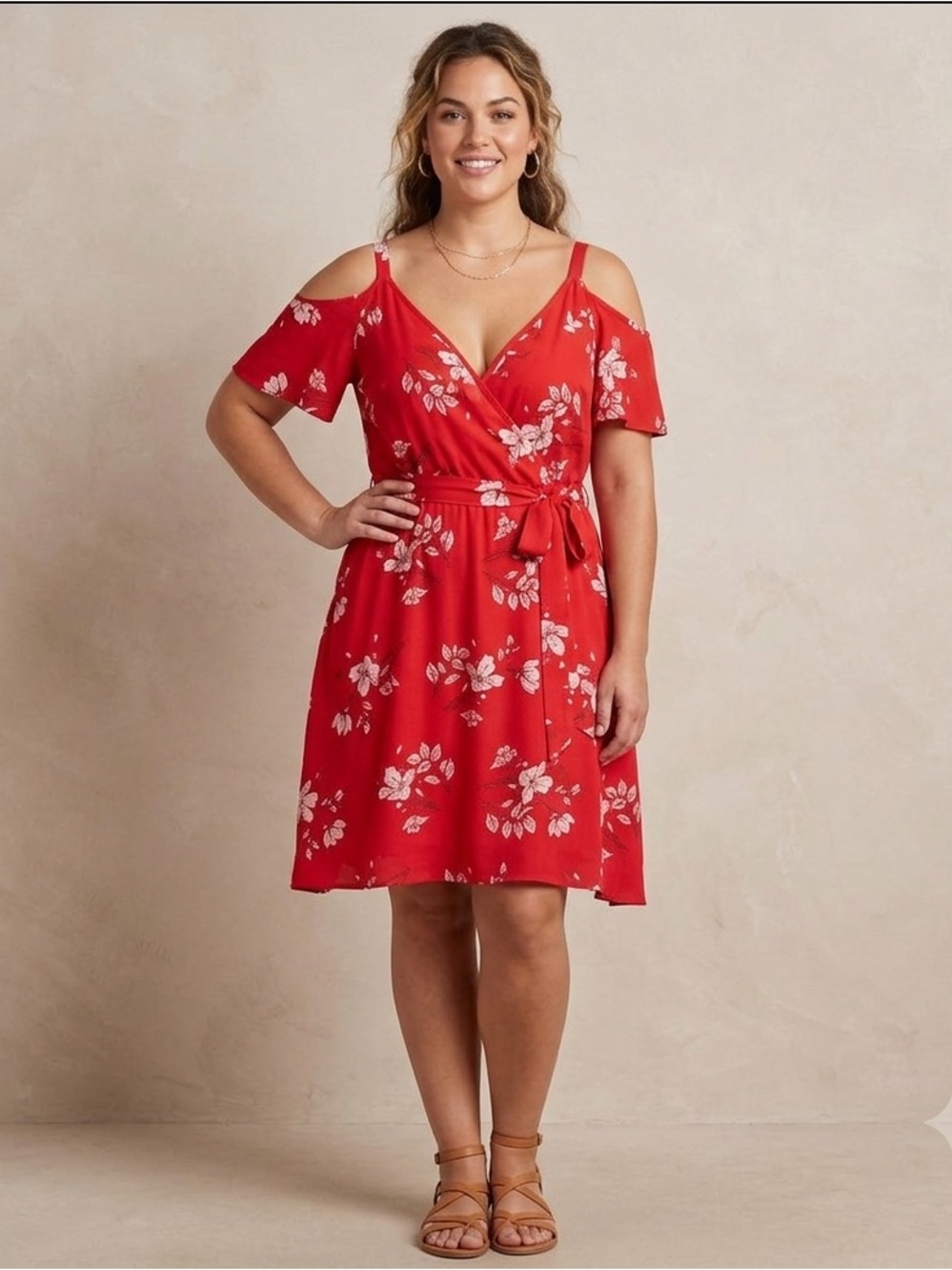 Sienna Sky Cold Shoulder Floral Red Wrap Dress Size Medium.